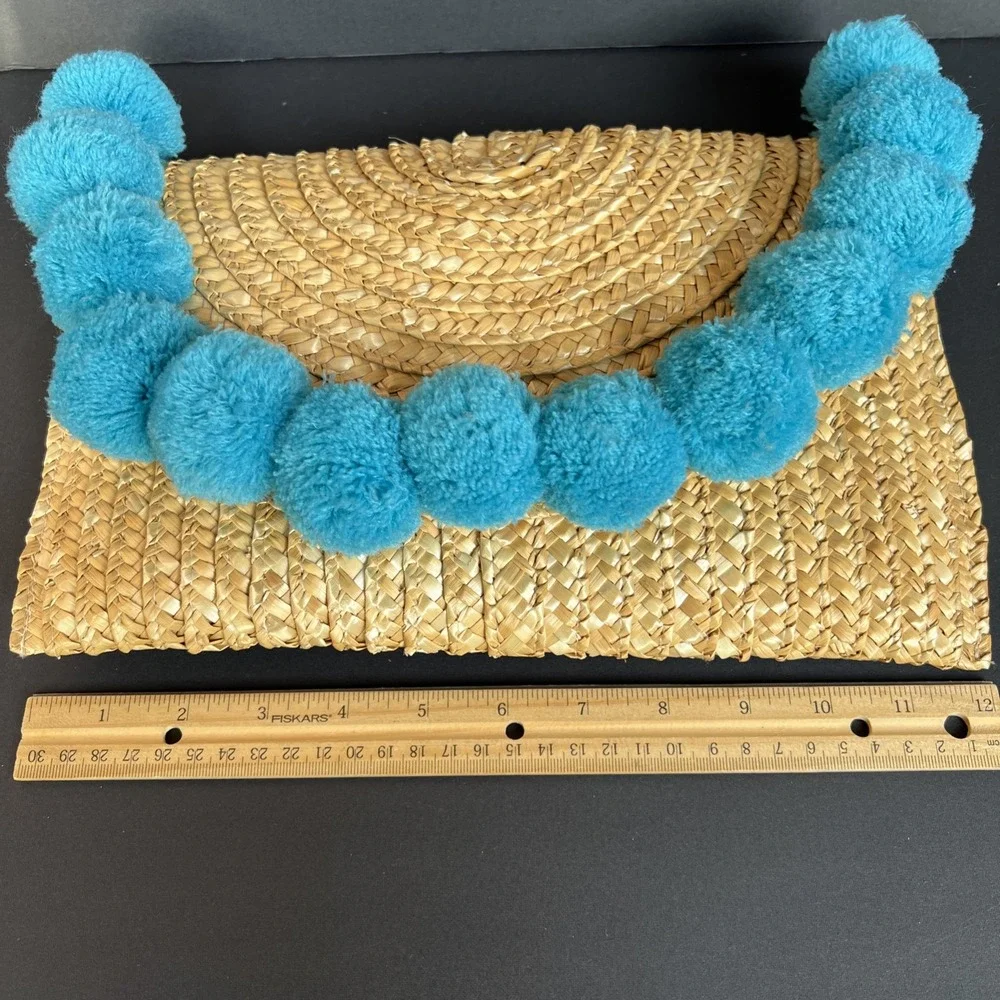 SHIRALEAH Fortuna Turquoise Teal Pom Pom Clutch Purse Chicago Envelope Bag Straw